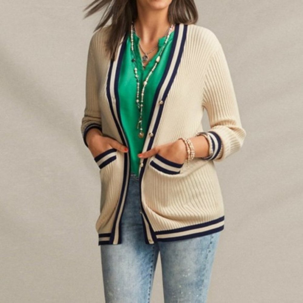 CABI Radcliffe Cardigan Long Sleeve Ivory/Navy Sz M #5458 EUC